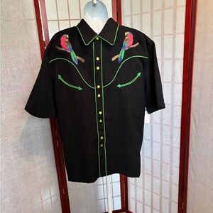 Scully Vintage Black Western Shirt Green Pearl Buttons Embroidered Parrots
